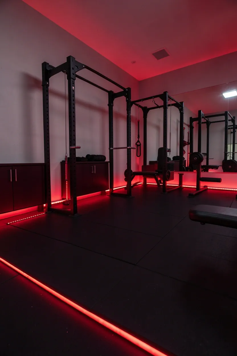 Black rubber gym floor with red LED ambient strips along the perimeter creating a high-energy workout atmosphere