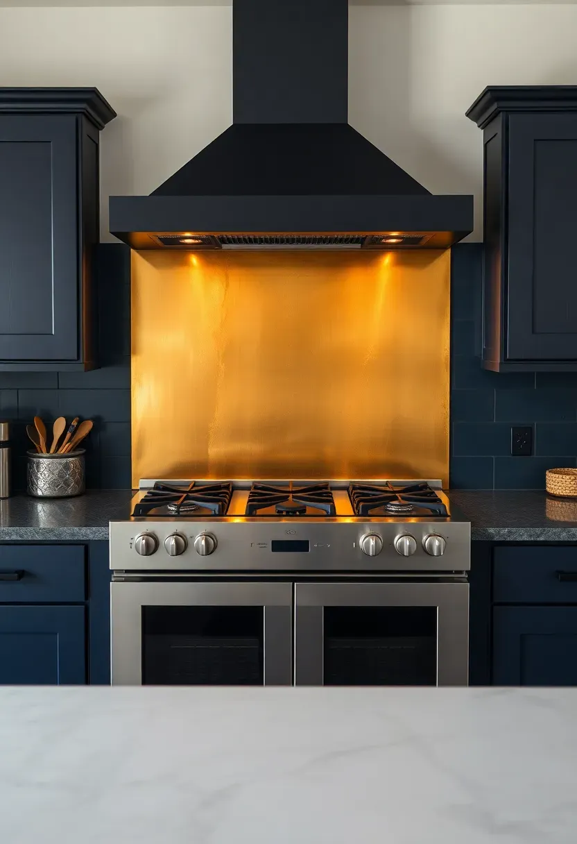 unlacquered brass sheet metal backsplash behind stove with warm patina tones and dark cabinet surround