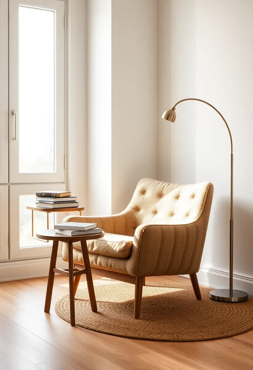 Hyper-realistic corner view of cozy reading nook with Scandinavian armchair in warm beige fabric, slim wood side table with stacked books, arced floor lamp beside. Large window behind flooding space with Nordic daylight. Light oak floor, small jute rug underneath. Materials: linen upholstery, light oak wood, brass lamp finish. Bright natural light creating soft shadows. Intimate hygge sanctuary mood. Shallow depth of field showing chair texture and lamp detail. No text, no logos, no watermarks.</p>