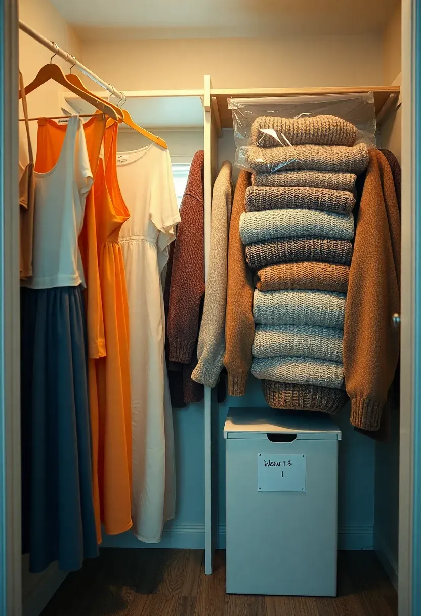Closet divided into two distinct zones with summer clothes on one side and winter coats and sweaters stored in vacuum bags on the other side