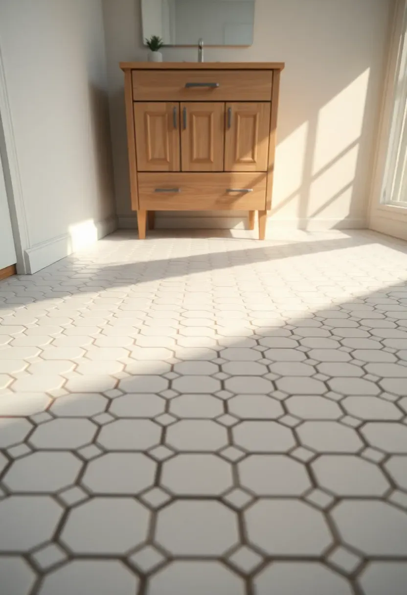 Hyper-realistic low angle showing white hexagonal tile floor with subtle heat waves rising, floating oak vanity visible, sunlight from window creating long shadows. Materials: white hex tiles, white oak vanity, white walls. Warm soft daylight, creamy neutrals with golden-hour warmth. Cozy minimal mood, sharp floor tile focus, soft shadows across floor. No text or watermarks.</p>