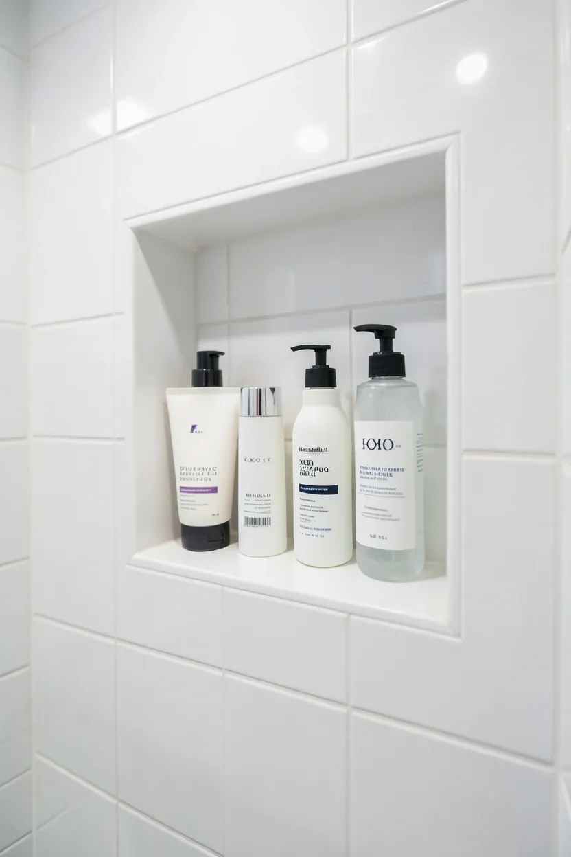 Built-in tiled niche shelf inside a shower wall, holding shampoo and soap bottles flush with the surface for a clean, clutter-free look