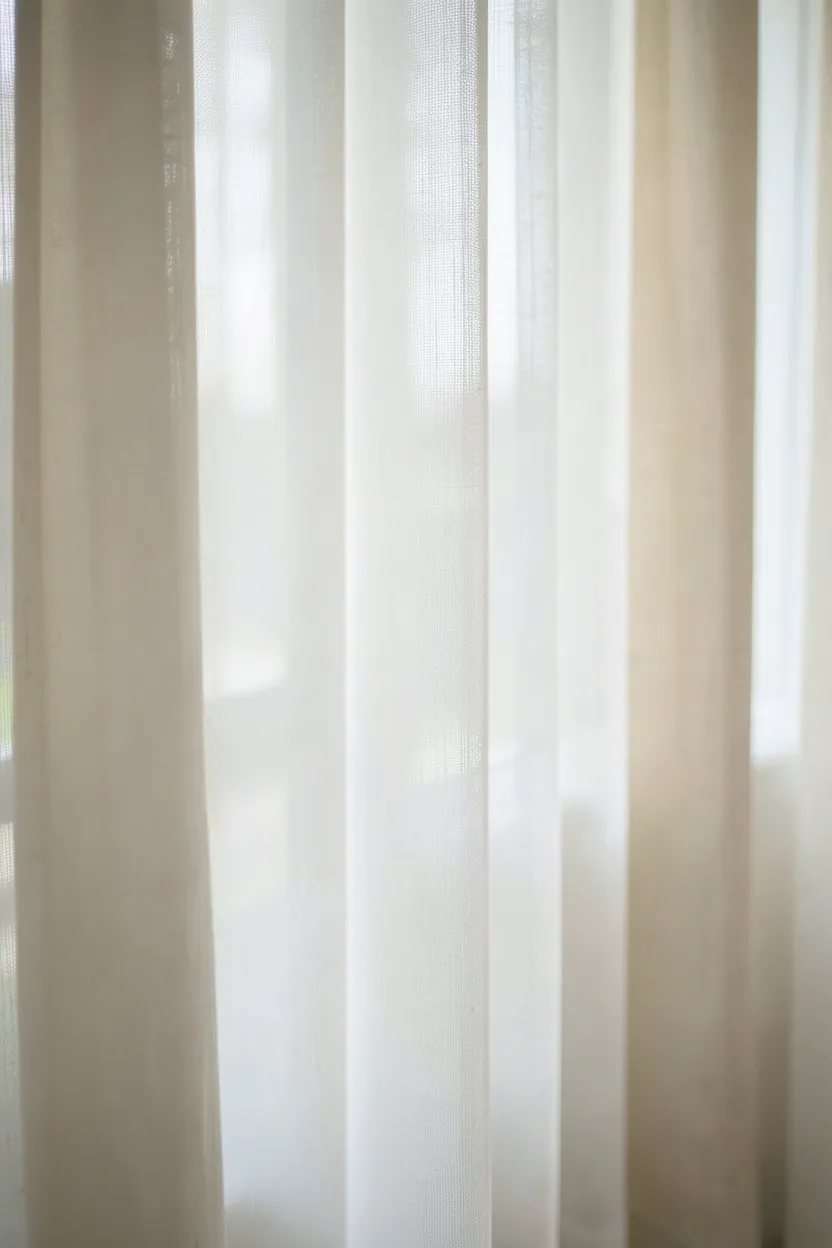 Sheer cream curtains filtering soft morning light in a neutral bedroom with white walls and light wood furniture