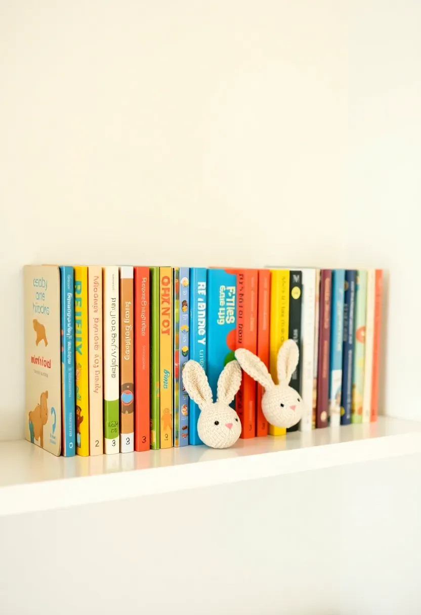 collection of classic baby board books stacked on a nursery shelf with a small plush toy