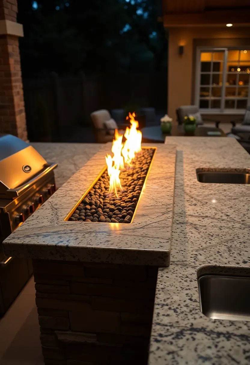 Hyper-realistic 3/4 view of an outdoor kitchen with a linear gas fire pit built into the counter extension, featuring granite countertops surrounding the fire feature, built-in grill on the left, sink on the right, with flames visible and glowing. Materials: granite countertops, stone veneer base, fire glass media in fire pit, stainless steel grill. Dusk setting with fire glow illuminating surrounding surfaces, warm tones from firelight. Cozy evening gathering mood, shallow depth of field with sharp focus on flames and countertop edge, seating area visible beyond. No text, no logos, no watermarks.</p>
