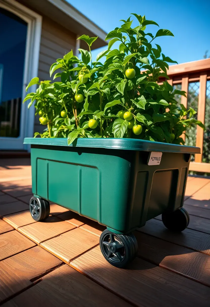 Self-watering planter box on caster wheels with a built-in water reservoir indicator on a sunny wooden deck filled with pepper plants