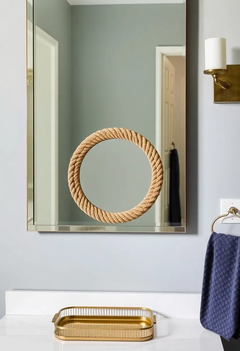 Smaller round decorative mirror with rope frame layered on top of a larger rectangular wall mirror in a styled bathroom vignette