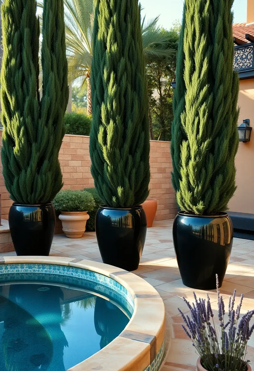 Three tall potted columnar Italian cypress trees in large dark gray glazed ceramic pots flanking a hot tub on a stone patio in a Mediterranean-style backyard