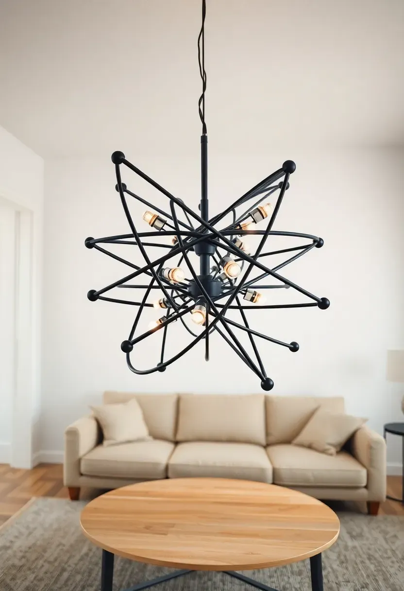 Hyper-realistic 3/4 view of minimalist living room featuring geometric chandelier suspended from ceiling. Sculptural fixture composed of intersecting matte black metal rods in spherical arrangement with integrated LED bulbs at junction points. Hung over light oak coffee table. Cream sofa beyond. White walls, minimal decor. Fixture as room focal point. Materials: powder-coated metal rods, LED modules. Clean architectural geometry. Warm ambient illumination. Shallow depth of field, sharp details on fixture construction and form. No text, no logos, no watermarks.</p>