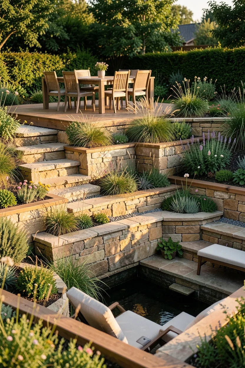Hyper-realistic slightly elevated photograph of a backyard multi-level garden terrace. Three descending terraced levels connected by natural stone steps. Upper level features dining table and chairs. Middle level has built-in planters with ornamental grasses and flowering perennials. Lower level includes lounge chairs and small water feature. Drought-tolerant plants throughout. Late afternoon golden light creates depth across levels. Materials: natural stone, timber edging, varied plantings. Architectural garden mood. Shallow depth of field, focus on terrace structure and flow. No text, no logos, no watermarks.</p>