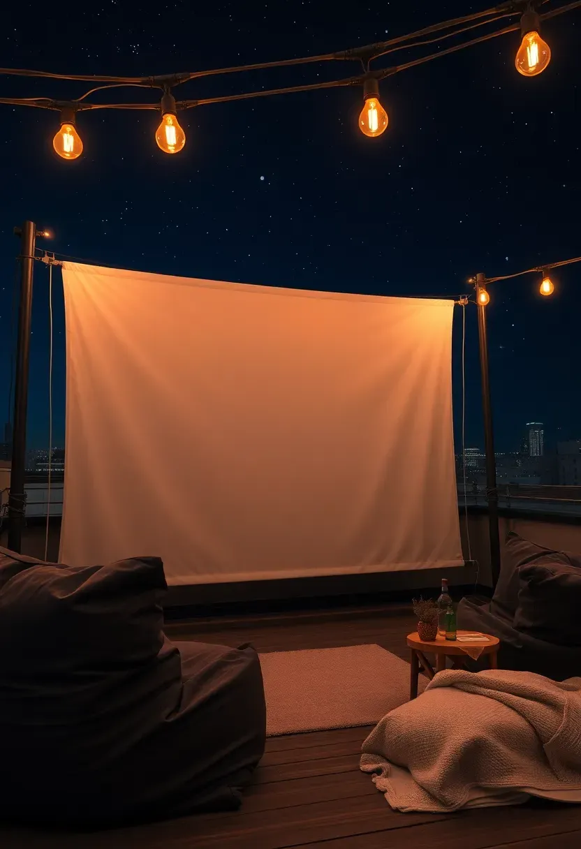 Rooftop terrace set up as an outdoor cinema with a projector screen, string lights, bean bags, and blankets under a star-filled night sky