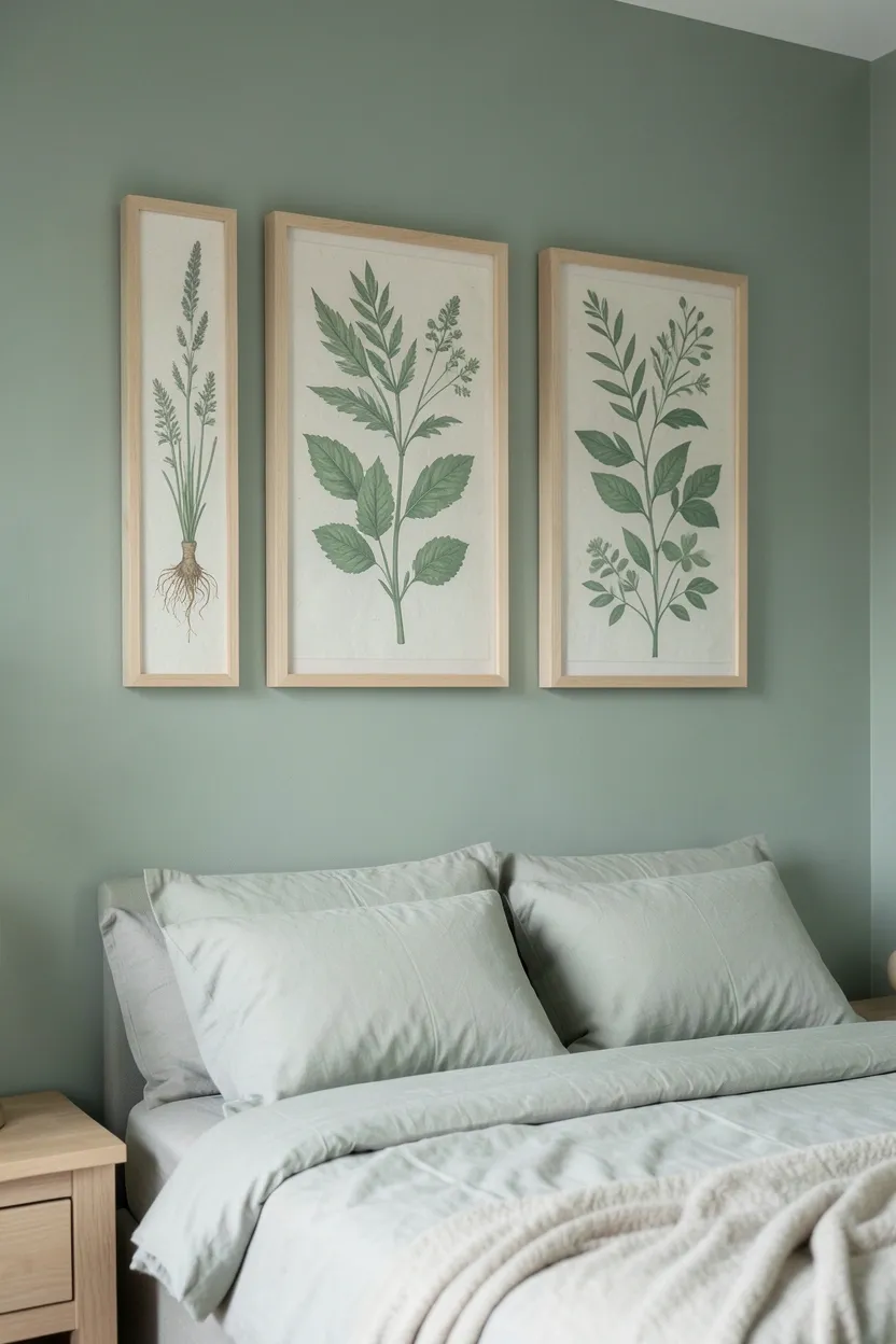 Botanical art prints in soft greens and warm neutrals in light wood frames above a sage bedroom dresser