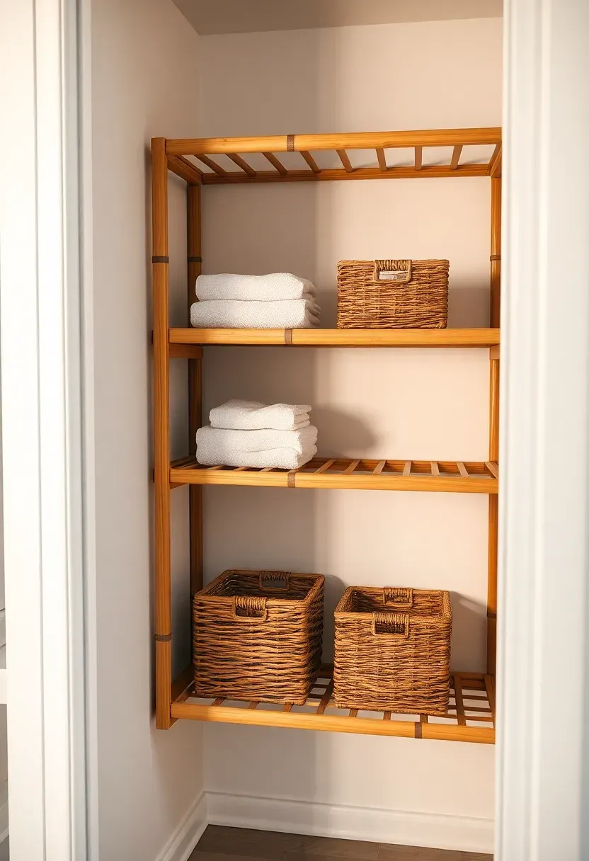 Expandable bamboo shelf organizer inside a bathroom closet with adjustable compartments holding folded towels and baskets
