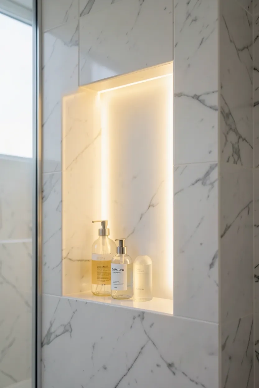 Built-in shower niche with warm LED strip lighting behind grey marble tile — modern bathroom storage and ambiance
