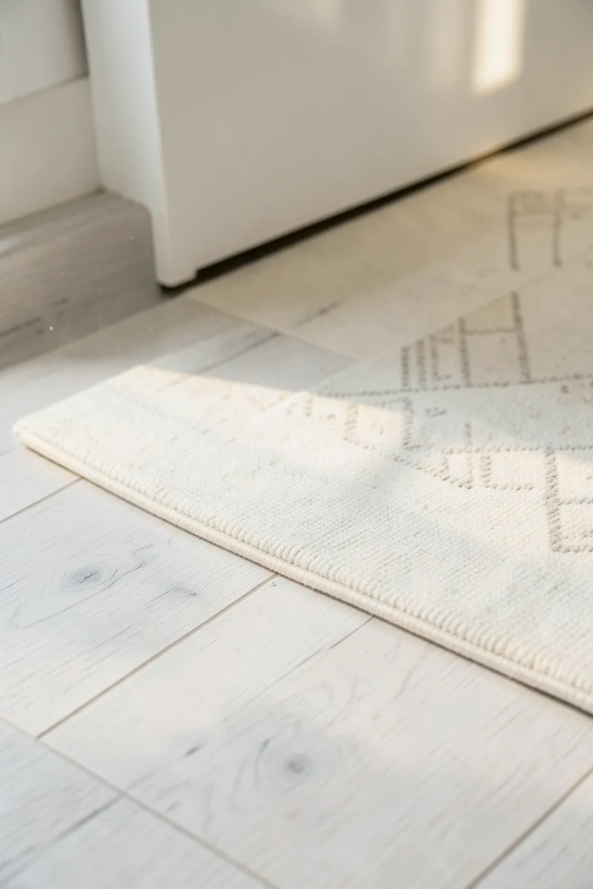 White-washed wooden floorboards with layered cream area rug in a minimal Japandi bedroom