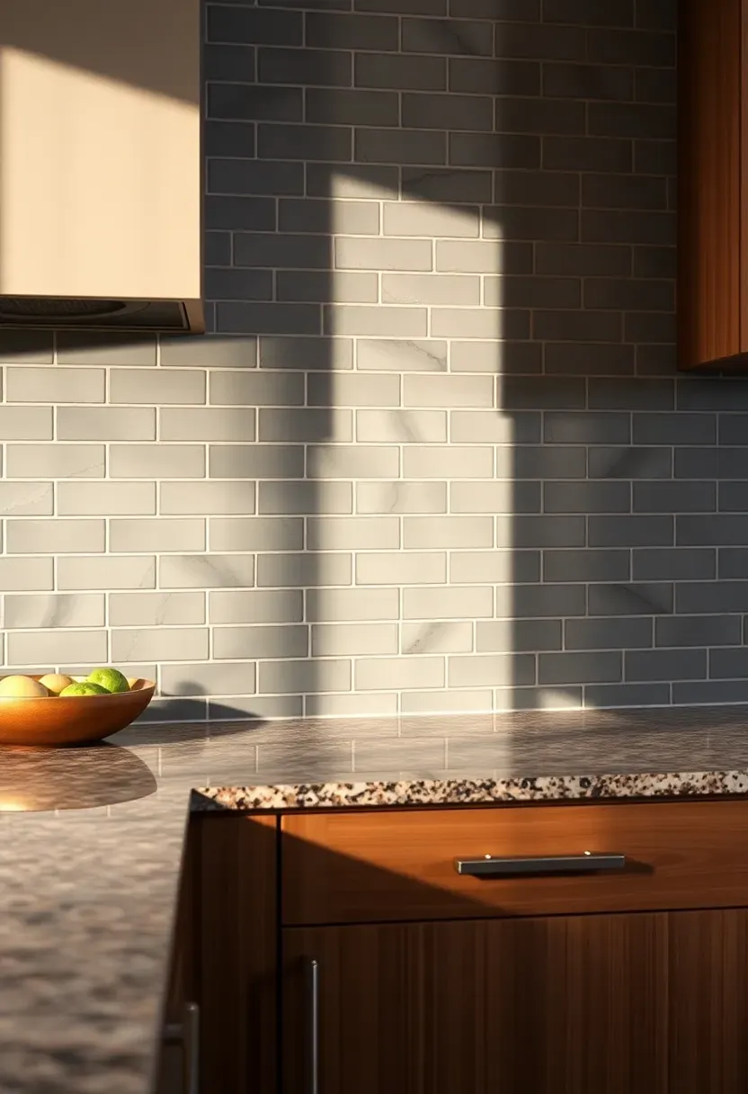 slate gray brick pattern tile backsplash with fantasy brown granite countertops and medium wood cabinet finish