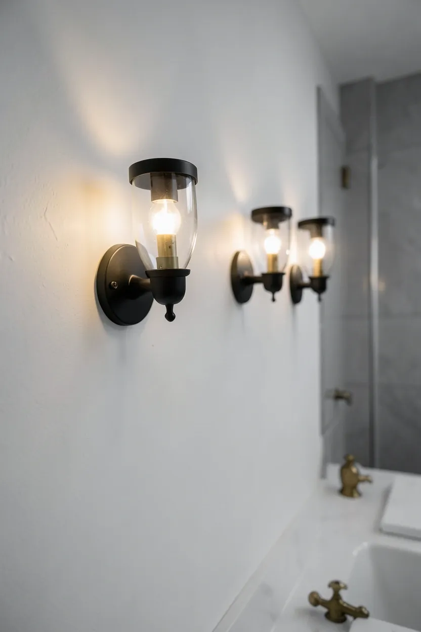 Pair of matte black wall sconces flanking a vanity mirror on light gray walls — warm ambient lighting in a modern bathroom