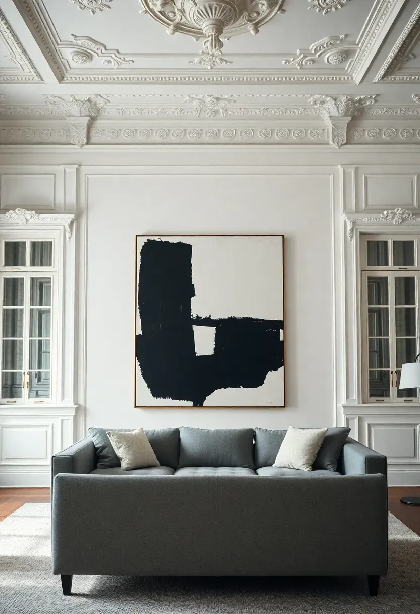 Hyper-realistic frontal view of living room with traditional architecture and modern art. Materials: white walls with ornate crown molding and chair rails, large abstract painting with bold geometric shapes in black white primary colors, simple gray sofa, minimal furniture. Contrast between ornate period details and stark contemporary art. Soft diffused light emphasizing architectural-art dialogue.</p>