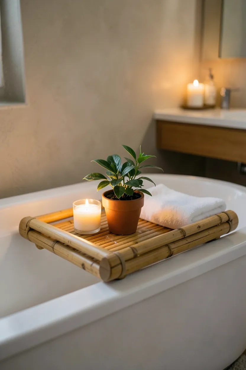 Bamboo bath tray with candle and book resting across a white tub in a cozy rental apartment bathroom