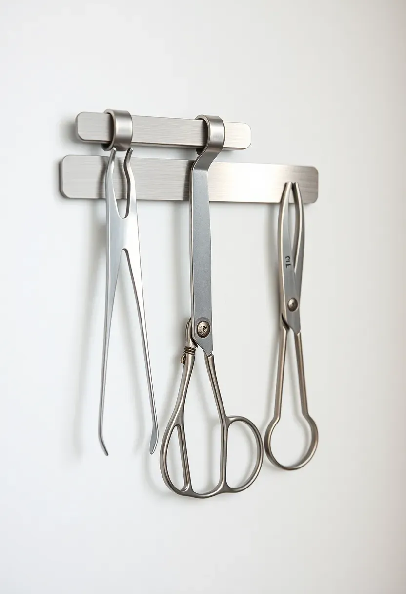 Magnetic strip mounted on the inside of a bathroom closet door holding tweezers nail clippers and small metal grooming tools