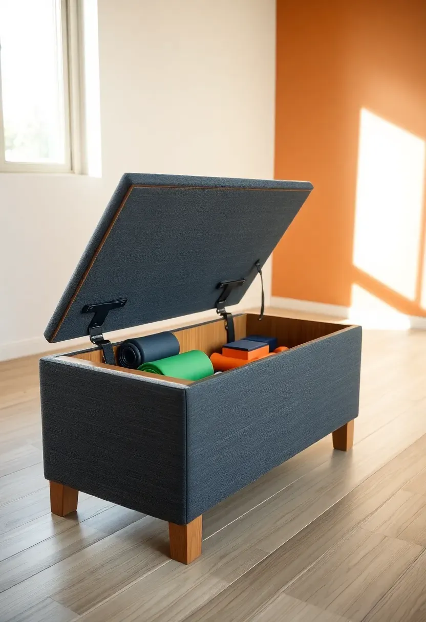 Multi-functional storage bench with hinged lid in a home gym, storing resistance bands and yoga blocks while doubling as a workout seat