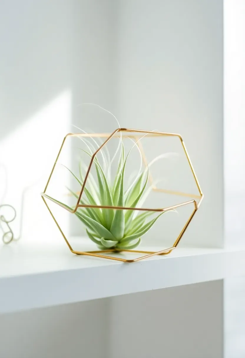 small air plant inside a geometric brass holder on a white shelf with soft backlight