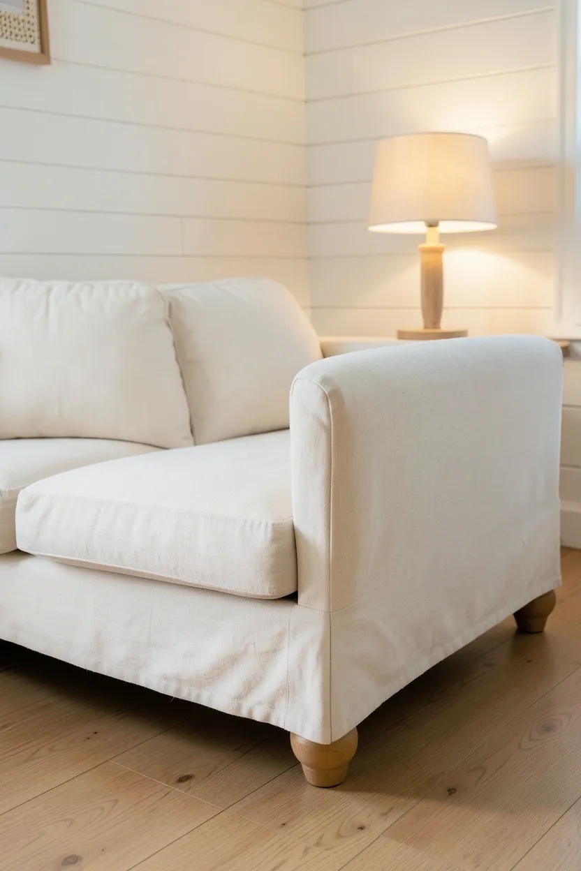Rustic exposed wooden ceiling beams in a white minimalist farmhouse living room with neutral decor