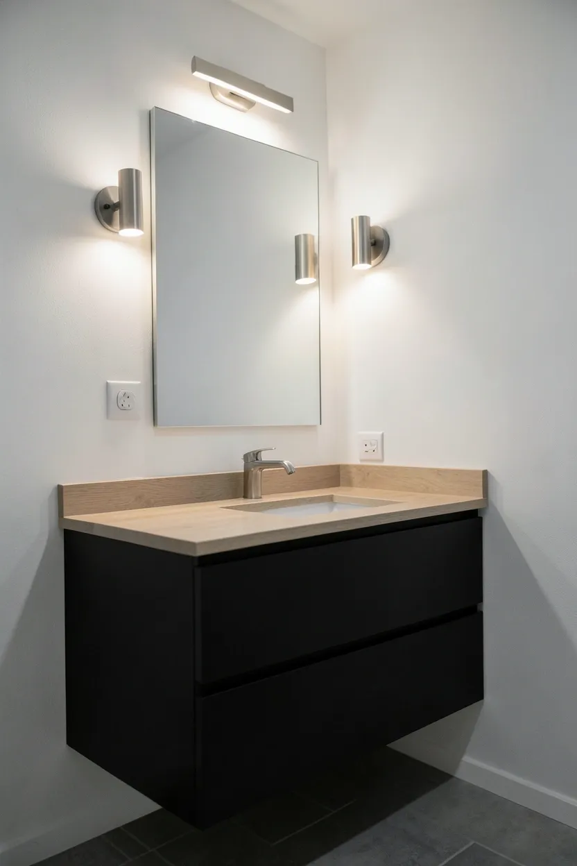Black double vanity with two undermount sinks and wall-mounted sconces above in a master bathroom — shared vanity with ample storage