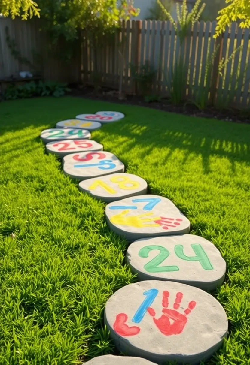 A winding stepping stone hop path through a backyard lawn made from round concrete pavers painted with numbers and bright colors by kids