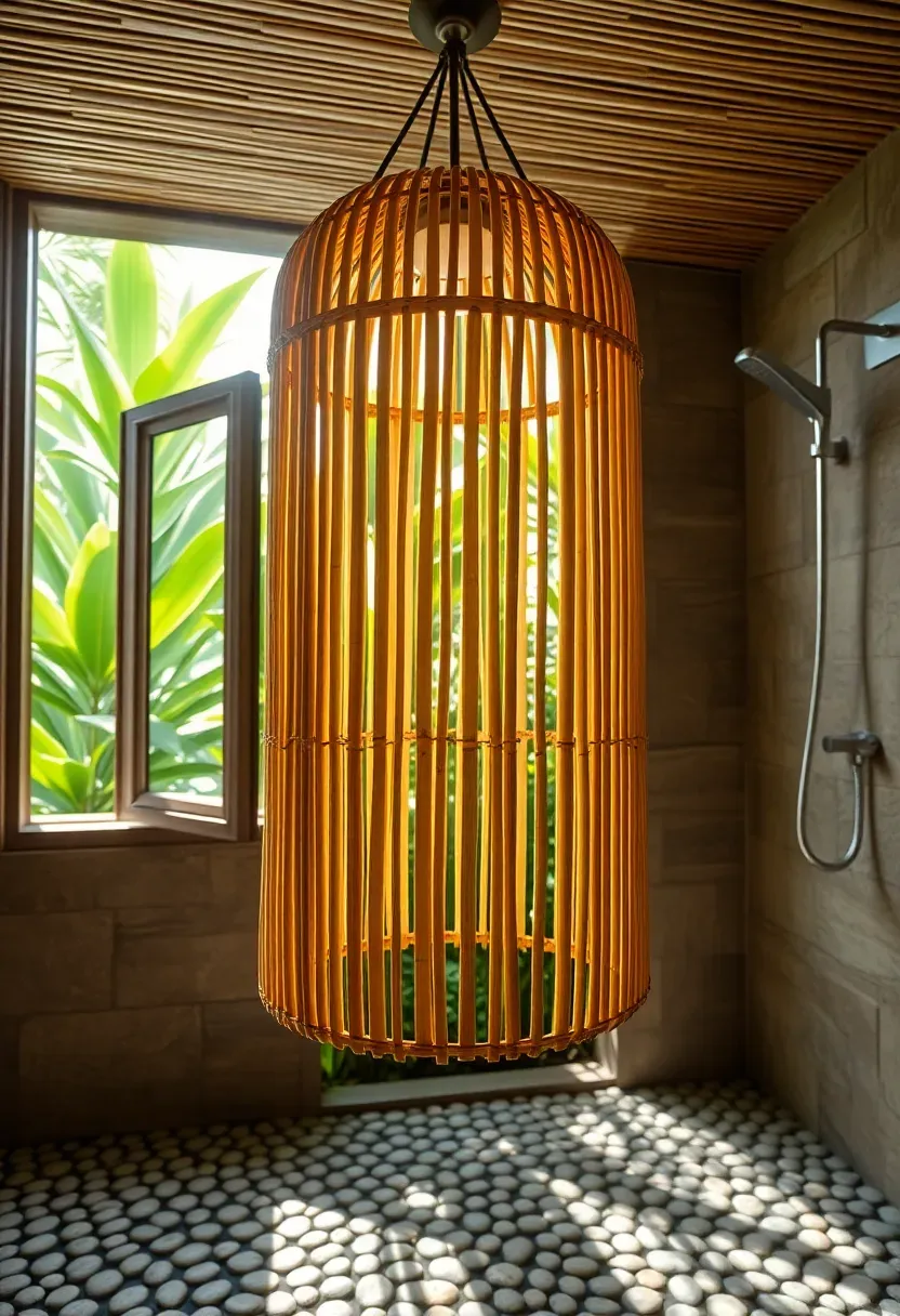 Natural bamboo lantern chandelier with warm light inside in a tropical resort-style bathroom with green foliage