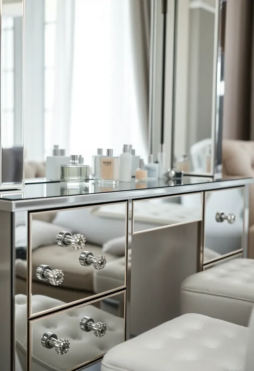 elegant mirrored furniture vanity reflecting light and creating glamorous atmosphere