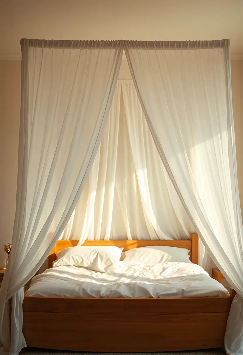 Sheer white fabric canopy draped over a teen bed using ceiling hooks — cozy boho bedroom look without drilling