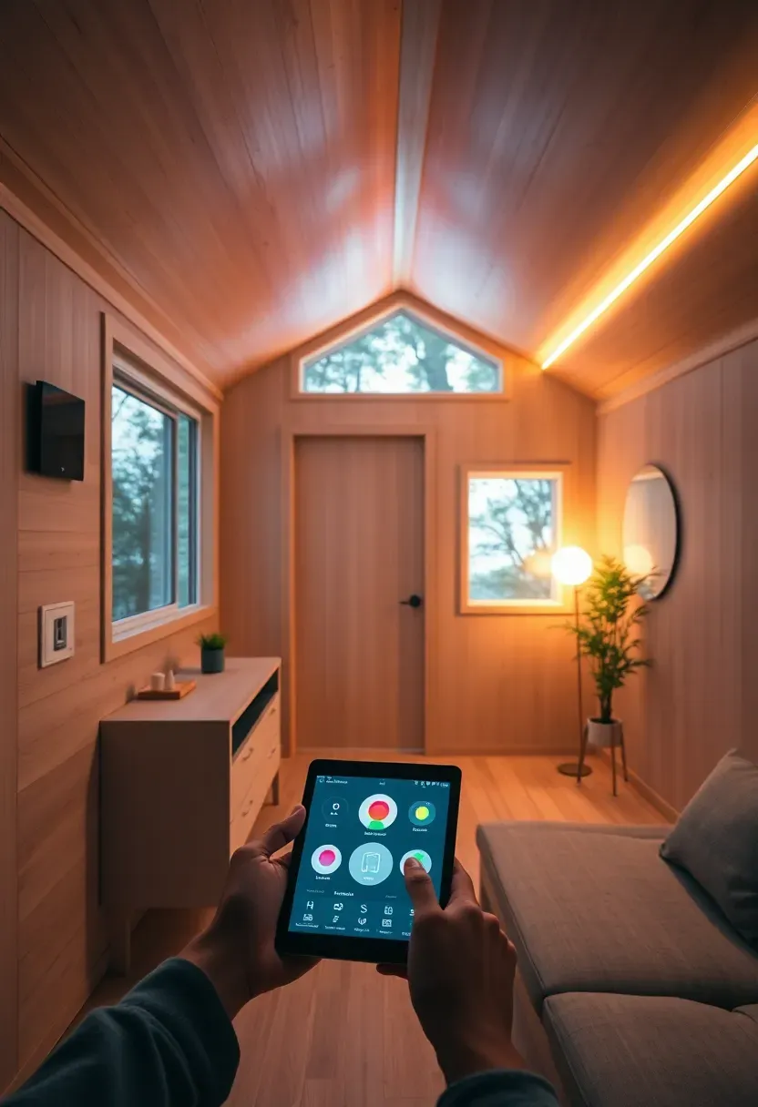 Hyper-realistic wide shot of modern tiny house interior showing smart home interface with automated lighting. Materials: light wood walls, smart touch panel, LED strip lighting, minimalist furniture. Warm ambient lighting with accent colors from smart bulbs. Clean technology-focused composition with tablet or phone showing control interface. No visible cords or clutter. No text, no logos, tech lifestyle magazine style.</p>