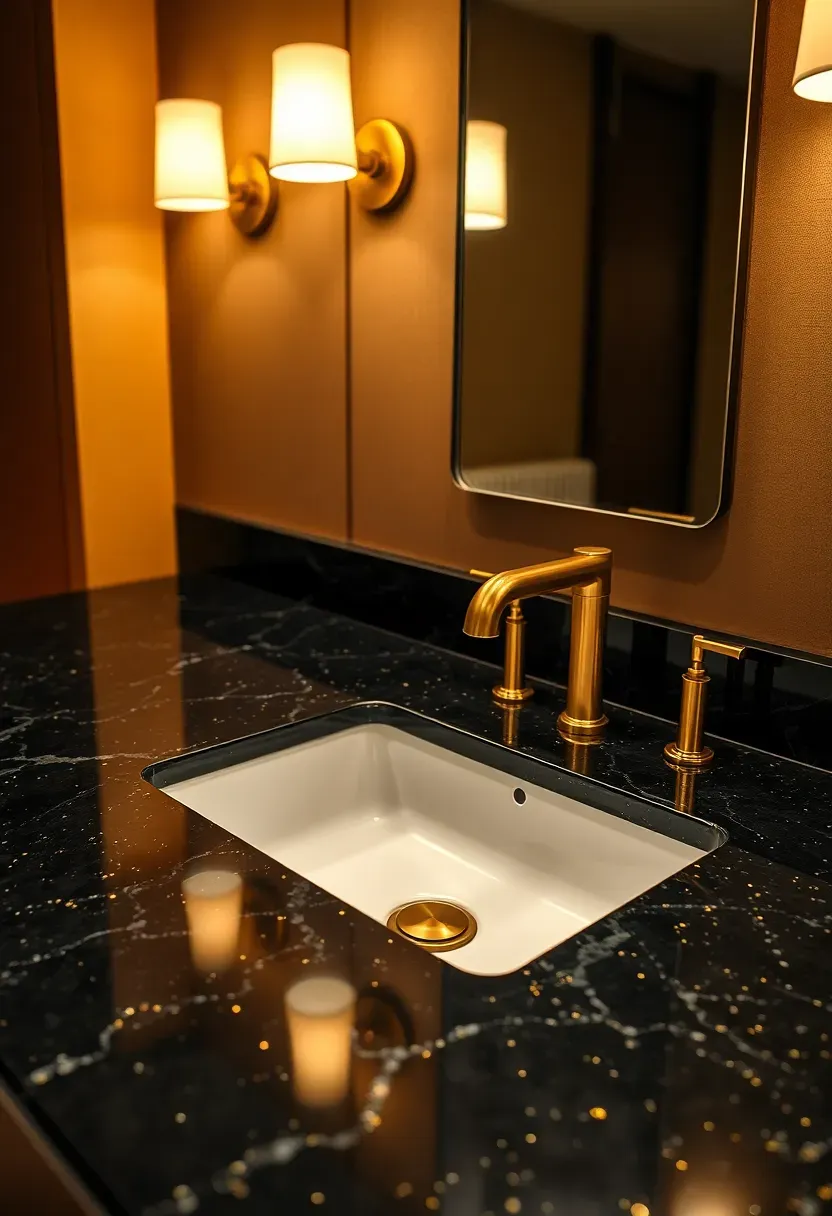 Polished black granite bathroom countertop with silver flecks reflecting bathroom vanity lights