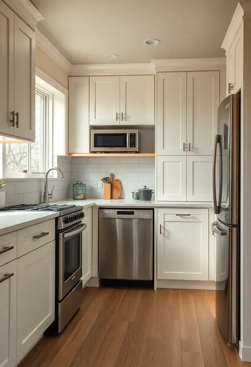 Hyper-realistic 3/4 view of a tiny house kitchen with 24-inch stove, under-counter refrigerator, compact dishwasher, white oak floor. Materials: white oak floor, matte white cabinets, stainless steel appliances, white quartz counters. Warm diffused window light, creamy neutrals with steel accents. Mood: efficient, functional, modern. Shallow depth of field, sharp details, balanced composition, soft shadows, visible room context. No text, no logos, no watermarks.</p>