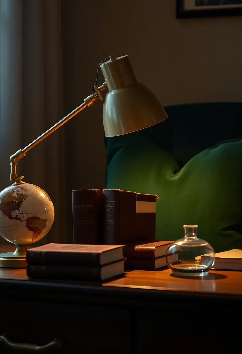 dark academia dorm desk with warm lamp stacked leather books globe inkwell and deep green velvet pillow