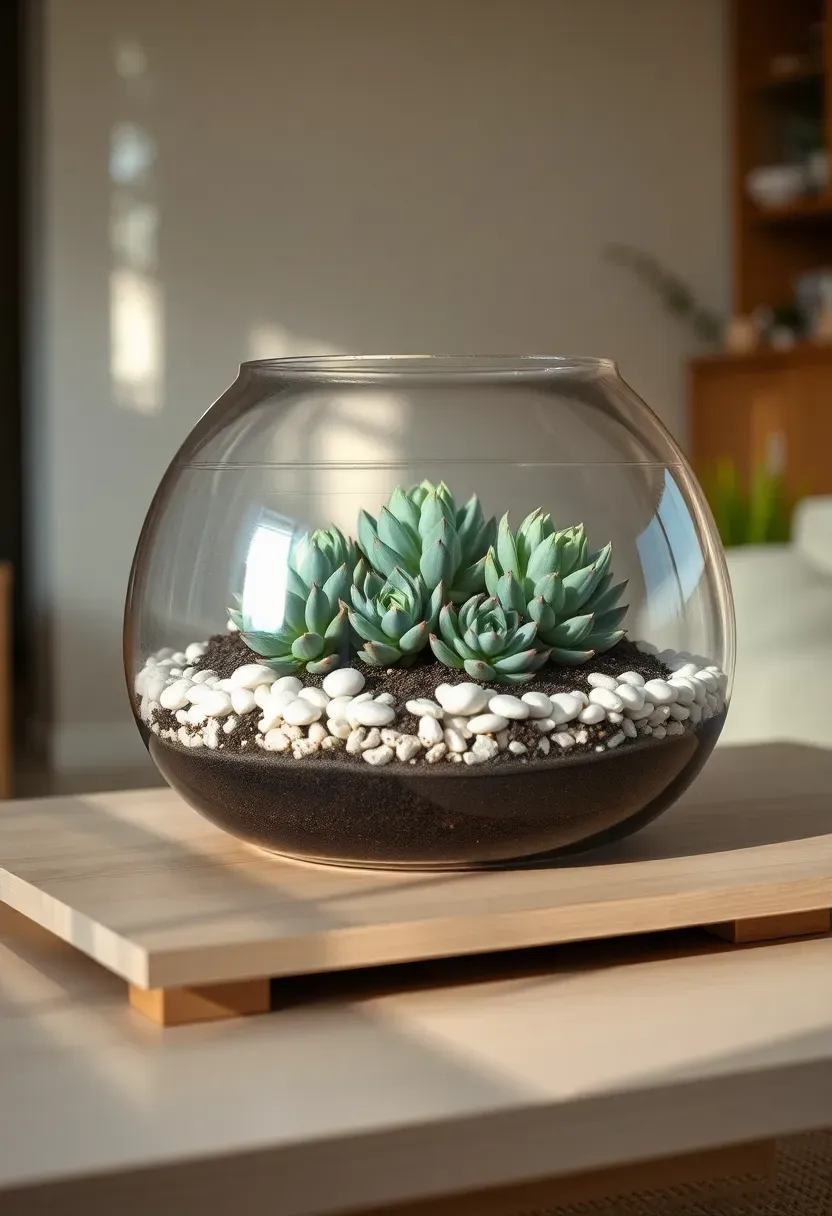 Large glass terrarium on a low wooden coffee table filled with assorted succulents, small stones, and activated charcoal in a minimalist sunroom