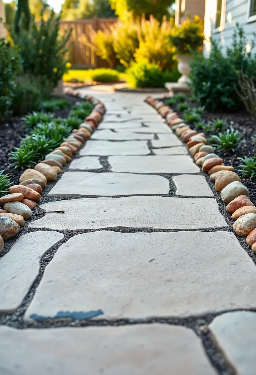 Backyard pathway with large flagstone slabs bordered by decorative river rocks in warm earth tones and low plantings