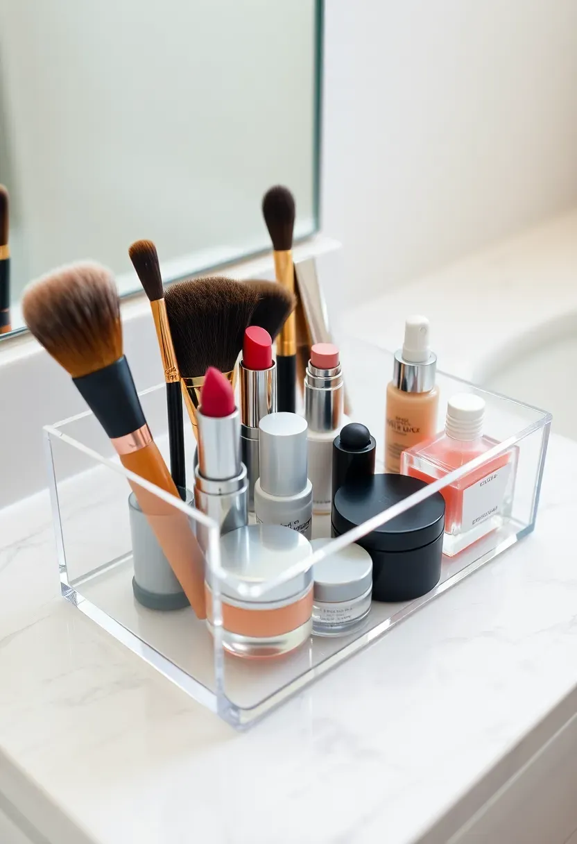 Clear acrylic divided organizer on a bathroom counter with makeup brushes, lipsticks, and skincare items sorted into compartments