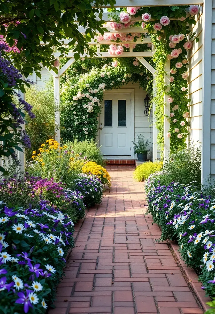 Hyper-realistic 3/4 view of a cottage-style pathway front yard garden with brick walkway bordered by catmint, salvia, daylilies, and Shasta daisies spilling onto path edges with arbor covered in climbing roses at entrance. Materials: aged brick pathway, mounding perennials in purple and yellow, climbing roses. Soft morning light, abundant cottage-style blooms. Narrow, intimate pathway feel. Visible cottage-style home with front door beyond arbor. No text, no logos, no watermarks.</p>