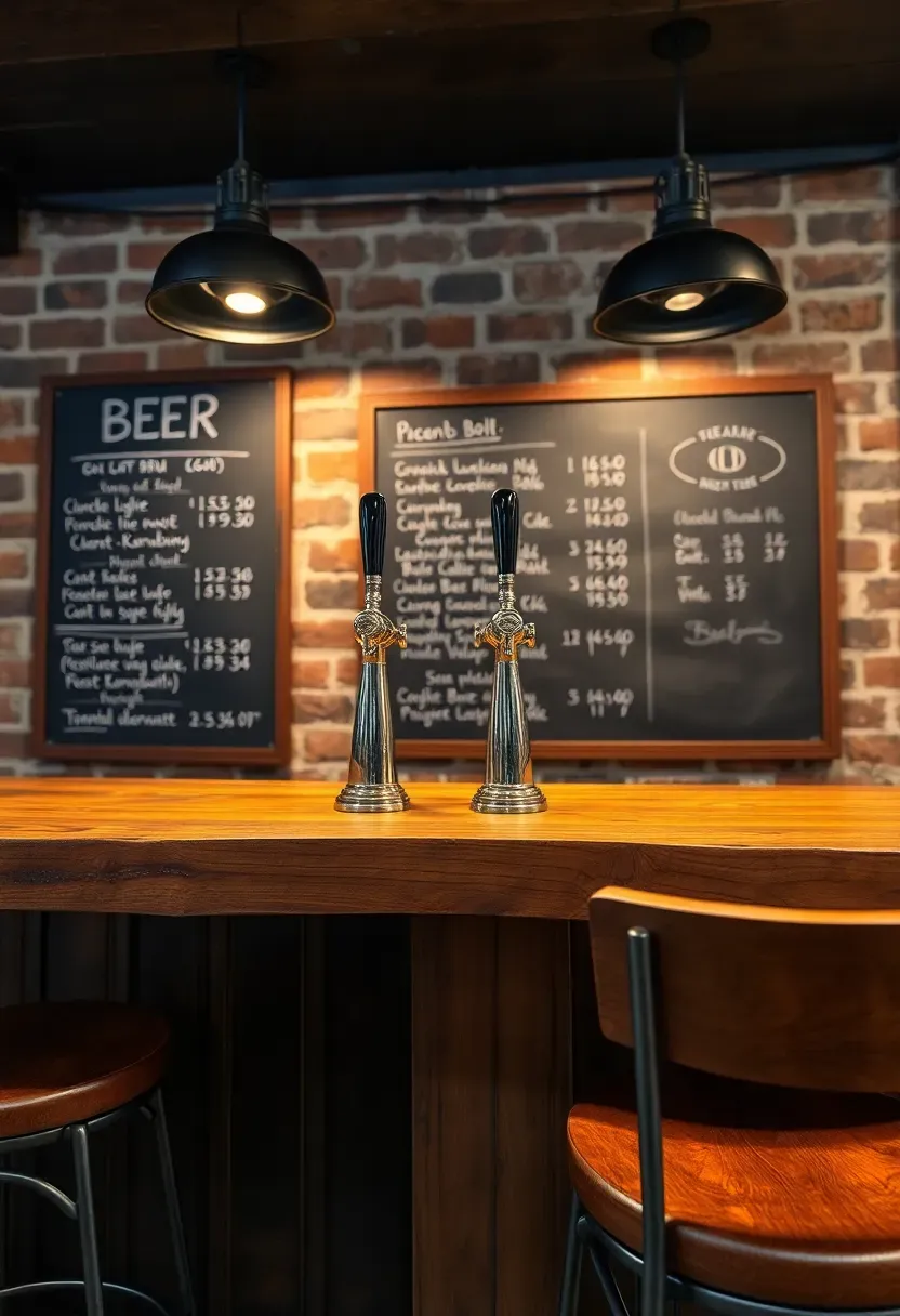 basement pub setup with wooden bar counter beer taps chalkboard menu and industrial pendant lighting