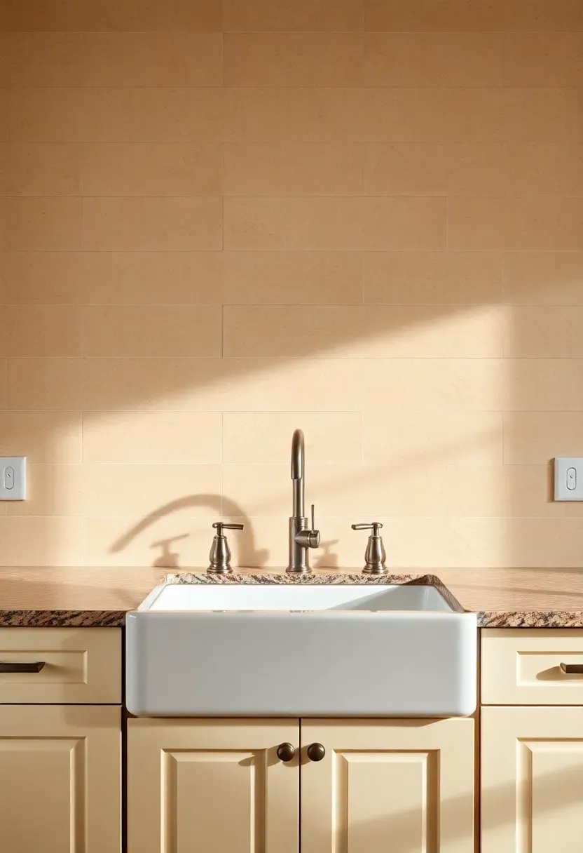 warm beige travertine field tiles as kitchen backsplash behind sink with fantasy brown granite counters and cream cabinets