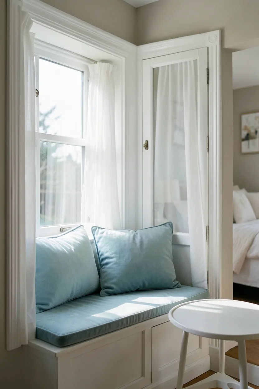 Hyper-realistic eye-level photograph of window seat with light blue cushions and pillows, built into bay window with white trim. Sheer curtains in white, small round side table, soft natural light streaming in. Neutral walls, glimpses of bedroom beyond. Materials: light blue velvet and cotton cushions, white painted wood window seat, sheer white curtains. Bright morning sunlight, serene peaceful atmosphere. Shallow depth of field, sharp details on cushion textures, balanced composition showing window seat and view. No text, no logos, no watermarks.</p>