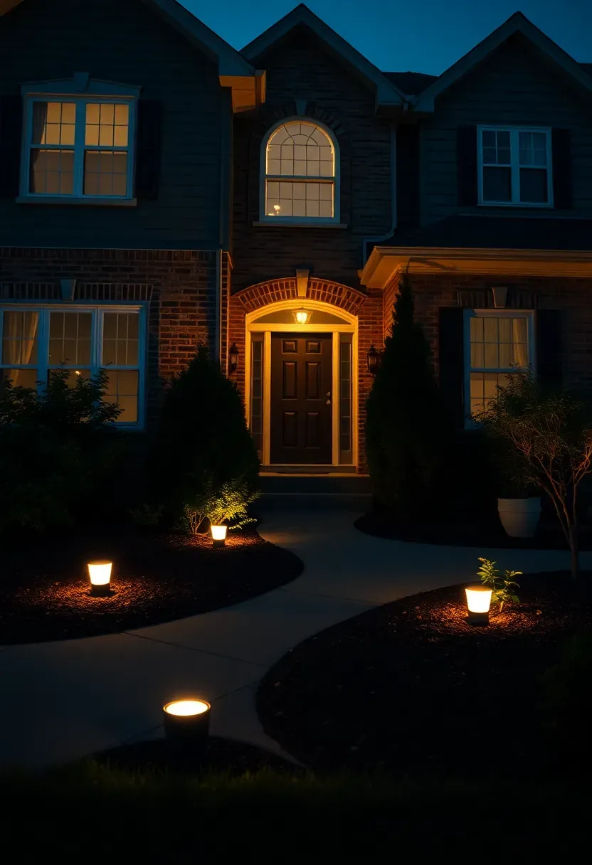 Hyper-realistic evening view of a residential home exterior featuring multiple ground-level spotlights strategically positioned to illuminate specific architectural features—front door, window surrounds, and landscape plantings—while the rest of the facade remains in shadow for dramatic contrast. Materials: mixed facade with brick and siding, white window trim, manicured landscaping with ornamental trees and shrubs, walkway, mulched planting beds, warm-toned landscape light fixtures visible at ground level. Natural evening darkness with dramatic spotlight effects creating focused illumination on chosen features while surrounding areas remain in shadow for contrast, cool blue ambient sky. Professional dramatic mood like architectural photography lighting study. Shallow depth of field, sharp details on nearest spotlight fixture, dynamic composition with strong light-shadow contrast, dramatic shadows, no text or watermarks.</p>