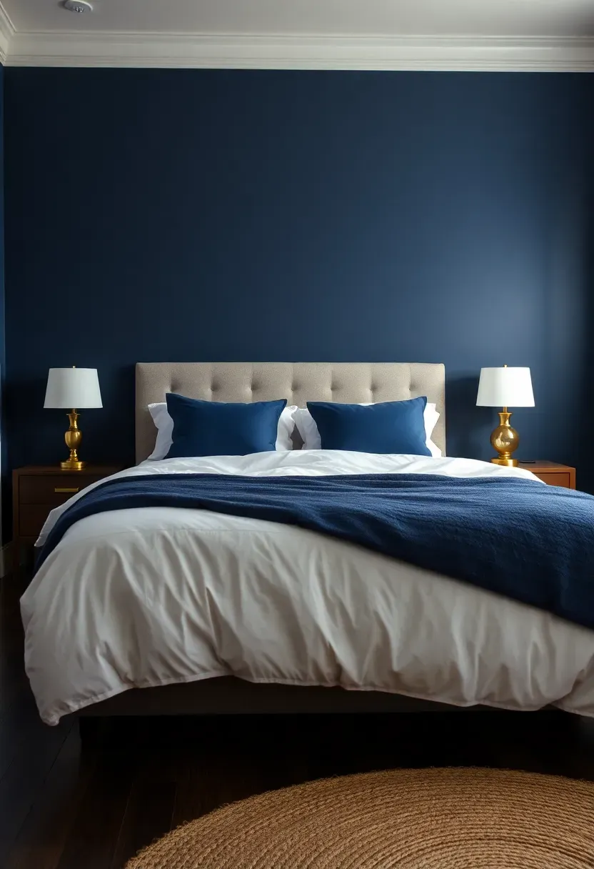 Hyper-realistic wide shot of a moody bedroom with navy blue walls, queen bed with crisp white duvet and navy euro shams, brass bedside table lamps with white shades, natural jute rug on floor. Visible room context with white trim and crown molding, dark hardwood floors. Materials: matte navy paint, polished brass, crisp white cotton, natural jute. Warm ambient lighting from brass lamps, soft shadows on white bedding. No text, no logos, no watermarks.</p>