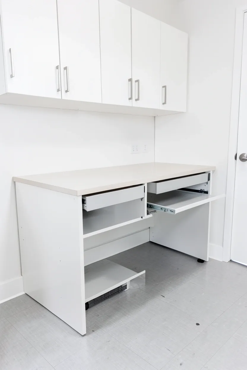 Convertible workbench with fold-down side shelves and hidden compartments for gym equipment storage