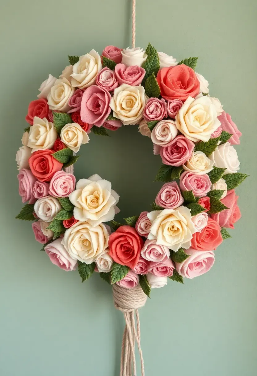 handmade felt flower Easter wreath with soft pastel petals on a mint green background