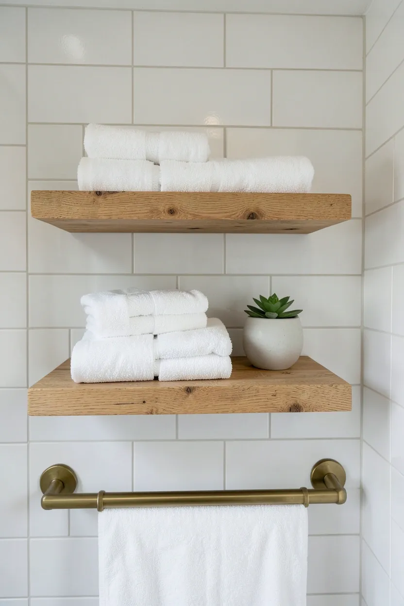 Hyper-realistic eye-level photograph of a modern earthy bathroom wall featuring two unfinished oak wood floating shelves holding neatly folded white towels and small potted succulent, natural wood grain visible, white subway tile background, brass towel rail below. Natural light. Materials: unfinished natural oak wood, white cotton towels, ceramic pot, brass rail, white ceramic tiles. Organic unfinished wood texture. Natural wood grain details. No text, no logos, no watermarks.</p>