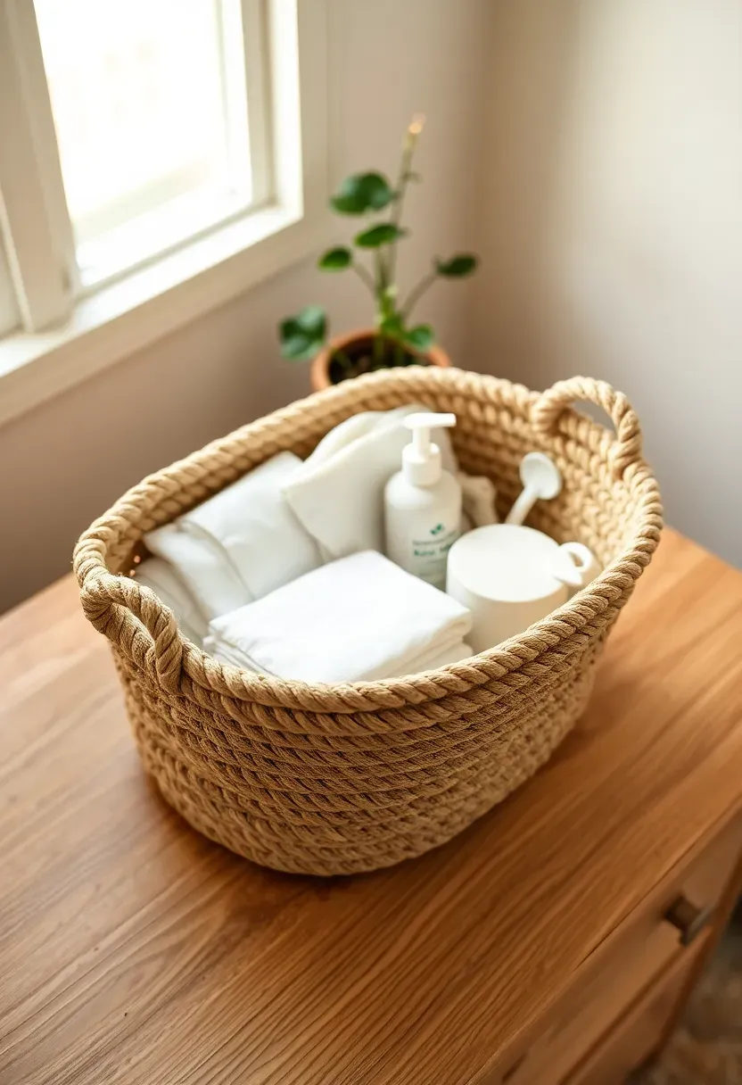 woven diaper caddy organizer filled with baby essentials on a nursery changing table