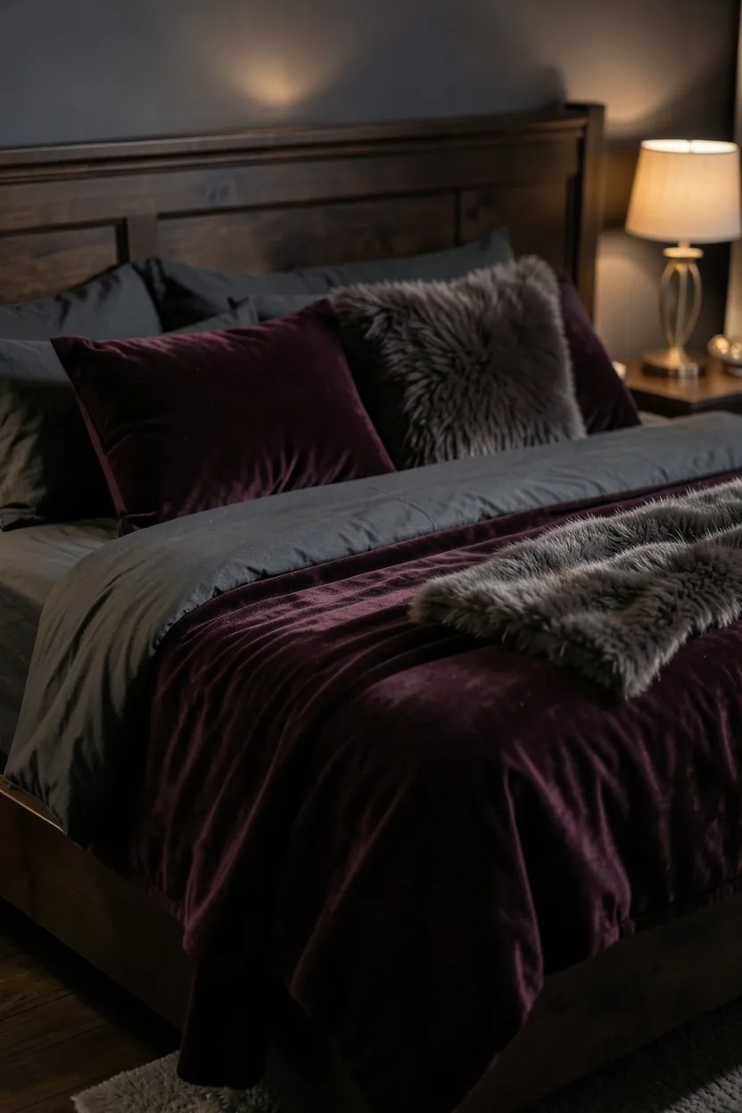 Dark boho bedroom with deep plum velvet duvet, layered linen and faux fur pillows, and warm bedside lamp on dark nightstand